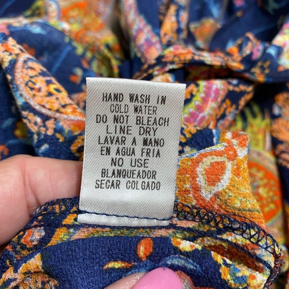 S Entro Top with Navy and Orange Print, Cold Shoulder, Gold Ring at Neck/Back - Picture 9 of 9